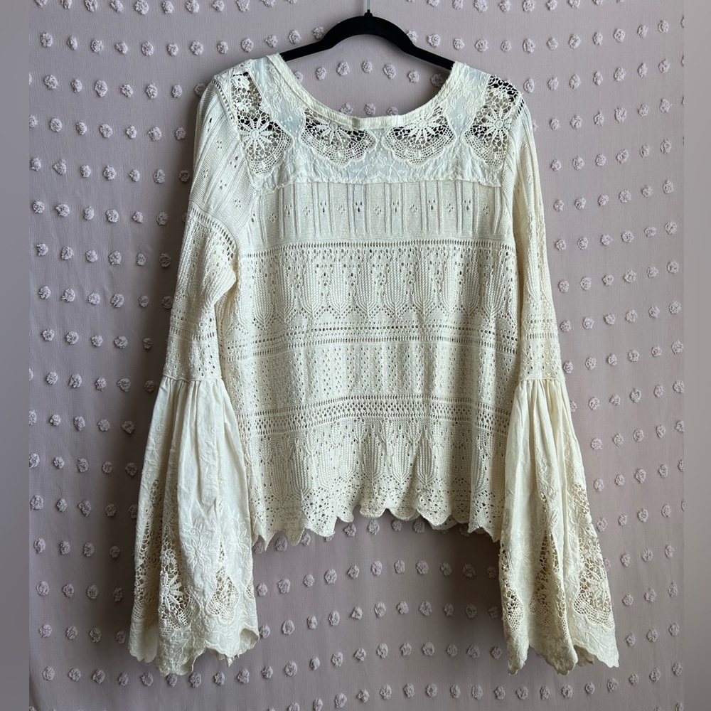 Free People Cream Crochet Lace Bell Sleeve Top